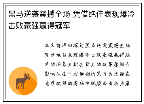 黑马逆袭震撼全场 凭借绝佳表现爆冷击败豪强赢得冠军